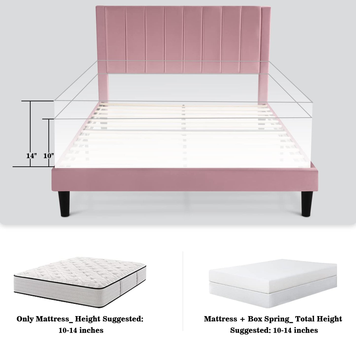 Allewie Queen Platform Bed Frame/Velvet Upholstered Bed Frame with Vertical Channel Tufted Headboard/Strong Wooden Slats/Mattress Foundation/Box Spring Optional/Easy Assembly/Pink