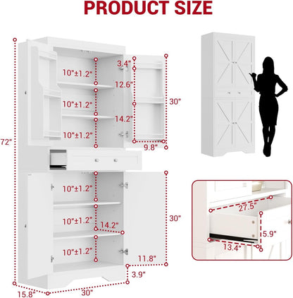 72" Tall Kitchen Pantry Storage Cabinet with Barn Doors Shelves & Drawer, Wood Farmhouse Pantry Cabinet with 4 Adjustable Shelves, Freestanding Cupboard for Dining Room Living Room, Laundry- White