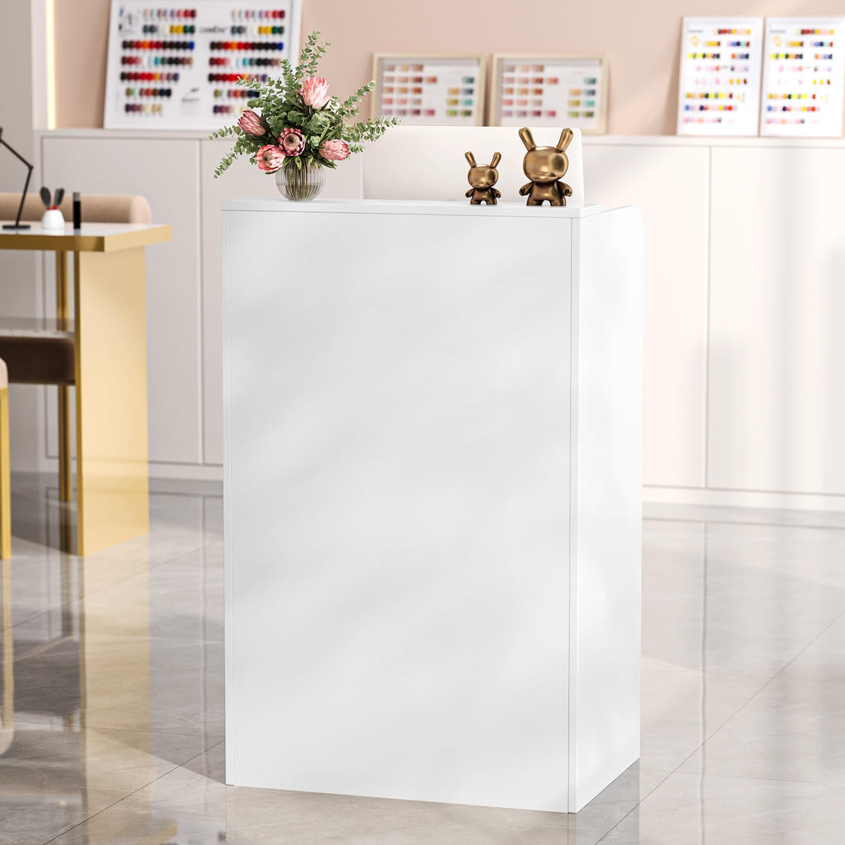 OmySalon Reception Desk with Counter, Small Front Desk w/Lockable Drawer, Wooden Modern Reception Table for Salon Lobby Office Home (White, 24) OmySalon