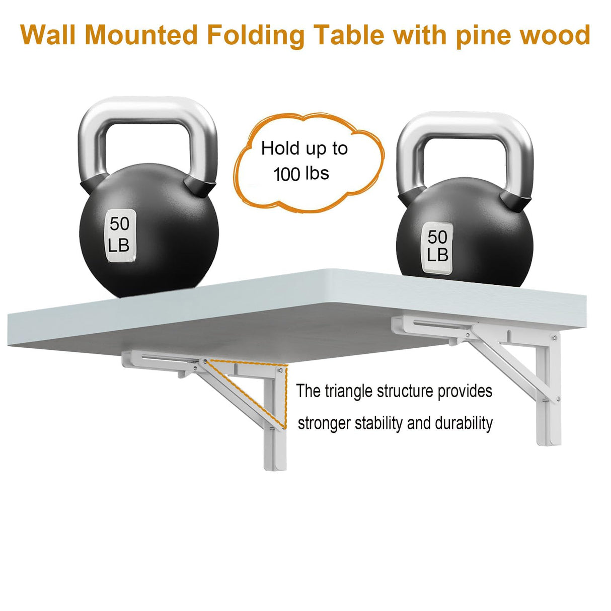 IAE Wall Mounted Folding Table with pine wood, 24" x 14" Wall Mount Drop Leaf Table, Floating Desk with Iron Bracket, Fold Down Desk for Small Spaces, Home Office, Dining, Laundry Room, Kitchen, White IAE