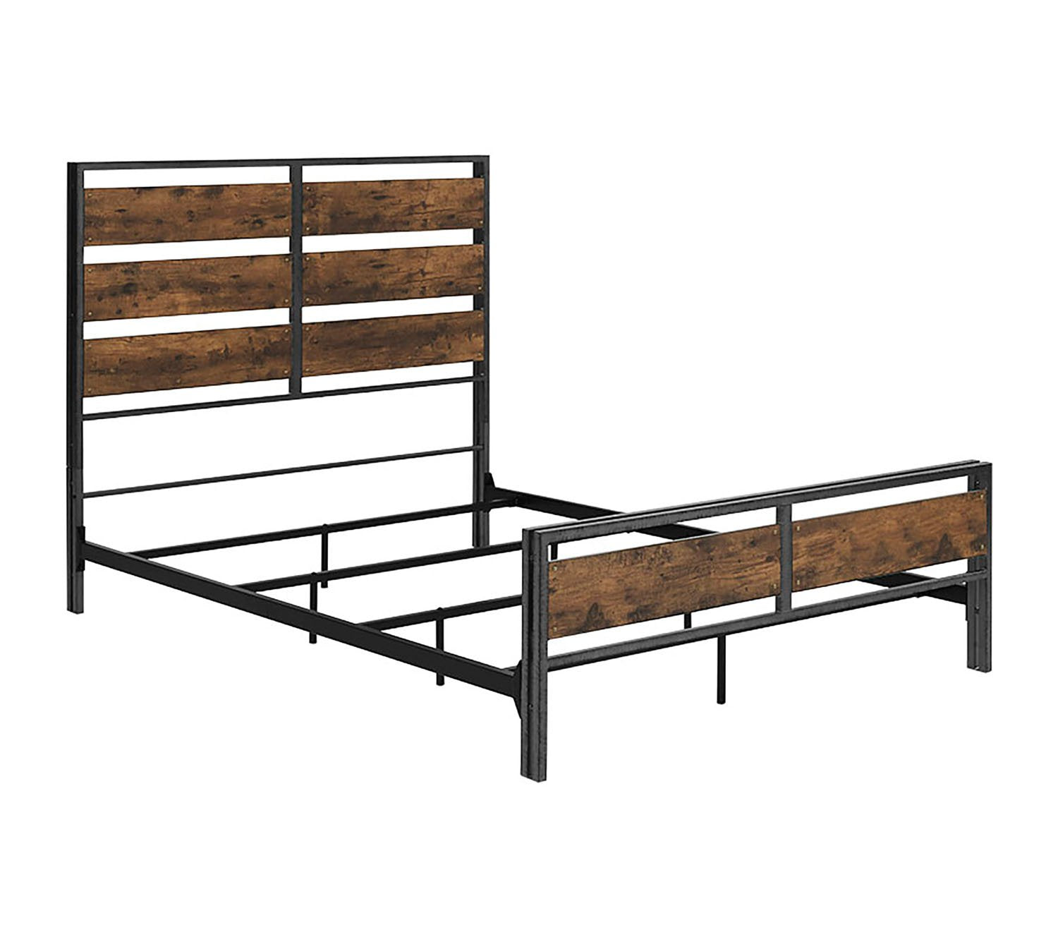 Rustic Queen Size Bed Frame with Metal Headboard and Footboard in Reclaimed Wood Finish - WoodArtSupply