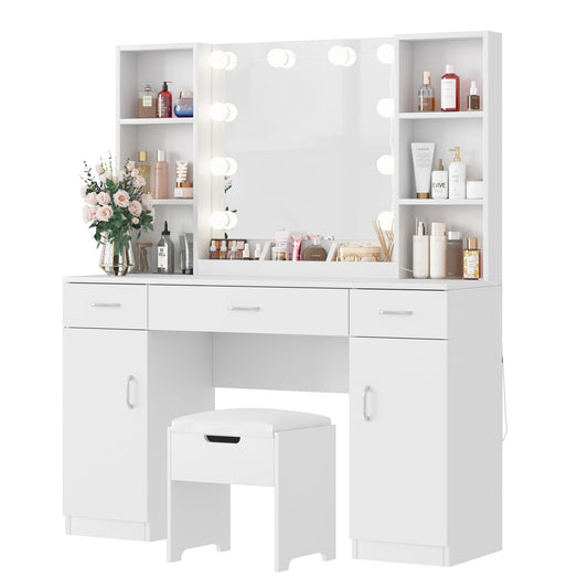 Vabches Vanity with Lighted Mirror, Large Vanity Desk Makeup Vanity Table Set with Comfortable Bench and Side Cabinets, Lots Storage, 45.2inch, White - WoodArtSupply