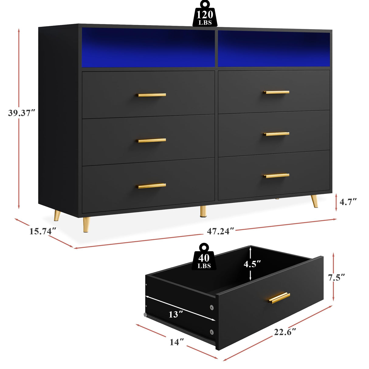 EnHomee Black Dresser with LED Lights, Wood Dresser for Bedroom with Wide Large Drawers and Metal Handles, Elegant Chest of Drawers for Clothes Storage Living Room Hallway Entryway, 47.2" W EnHomee