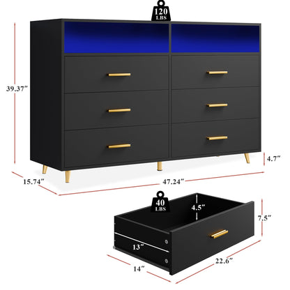 EnHomee Black Dresser with LED Lights, Wood Dresser for Bedroom with Wide Large Drawers and Metal Handles, Elegant Chest of Drawers for Clothes Storage Living Room Hallway Entryway, 47.2" W - WoodArtSupply