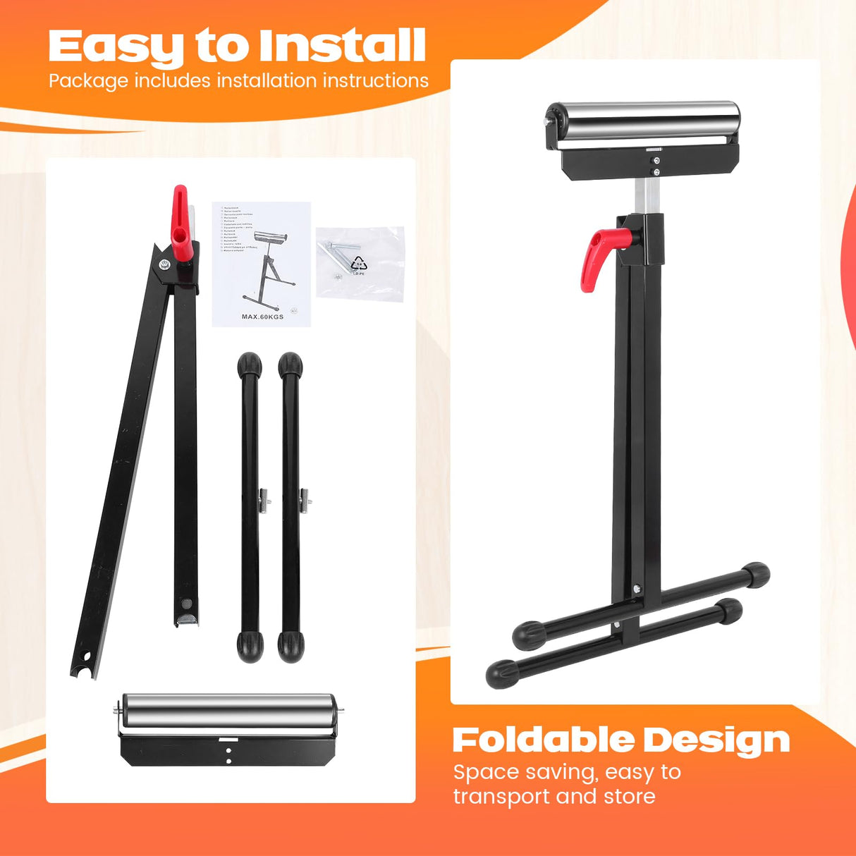 Tandefio 2 Pack Folding Roller Stand 198 LB Height Adjustable Roller Support Stand 27-43 Inch, Heavy Duty Load Capacity, Outfeed Woodworking, Black Tandefio