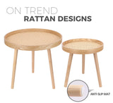 Round Coffee Table Set of 2, Natural Boho Coffee Table, Small Mid Century Modern Rattan Coffee Table, Boho Side Table End Tables for Living Room Bedroom Office Balcony ZYBT