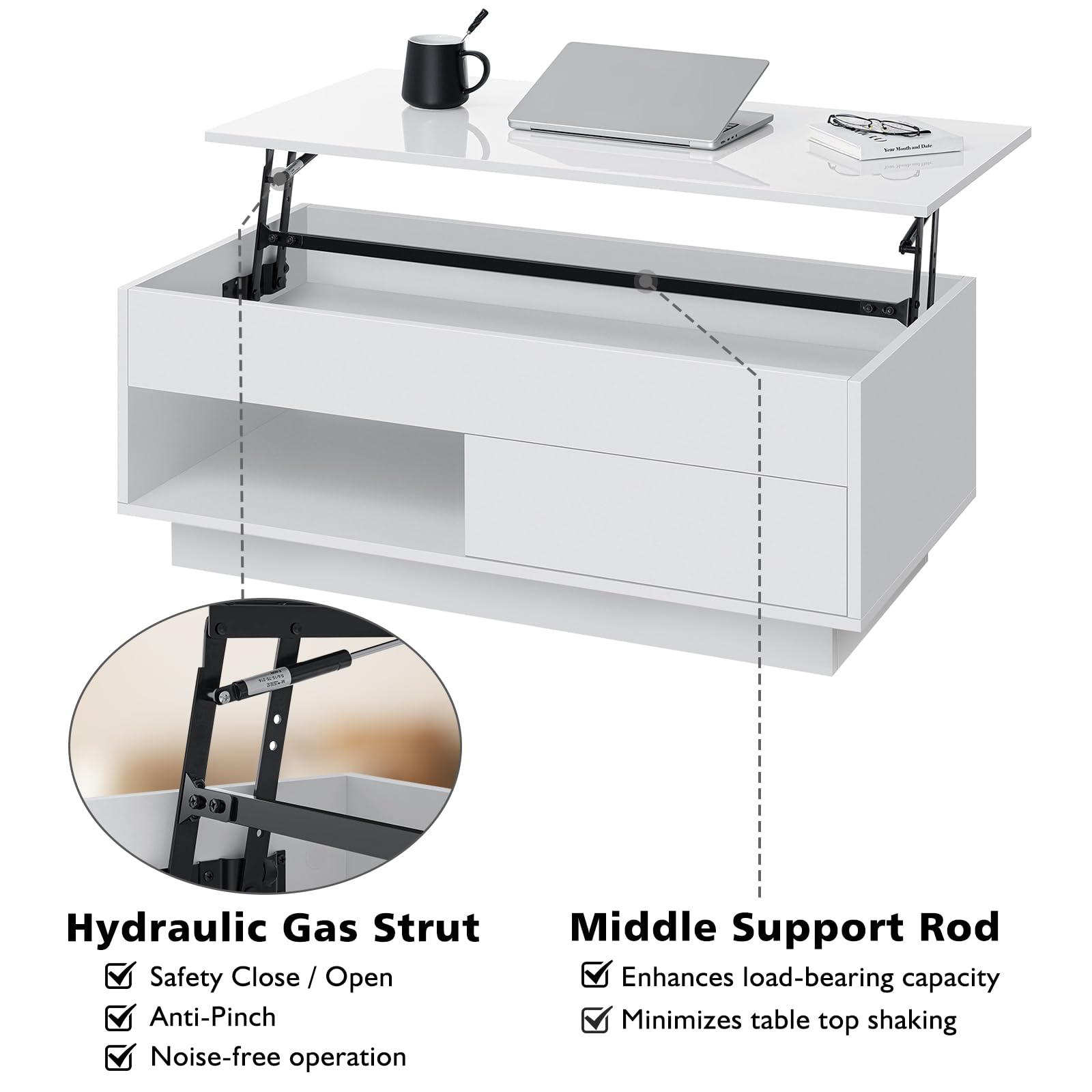 HOMMPA Lift Top Coffee Table with Storage LED Coffee Table Morden High Gloss Living Room 3 Tiers Modern Tea Table with Storage Center Tables Hidden Compartment & Open Shelve & Drawer White - WoodArtSupply