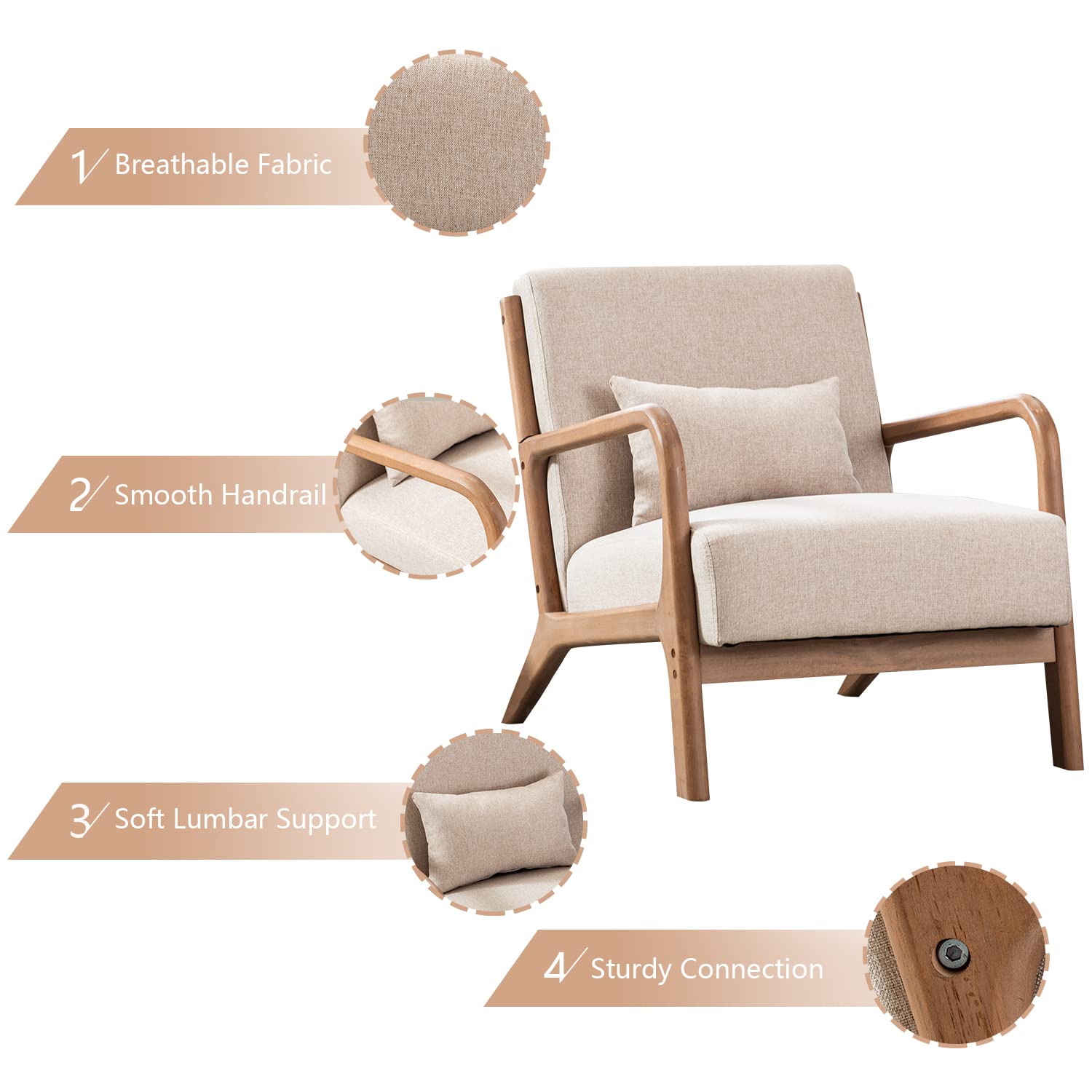 INZOY Mid Century Modern Accent Chair with Wood Frame, Upholstered Living Room Chairs with Waist Cushion, Reading Armchair for Bedroom Sunroom (Beige) - WoodArtSupply