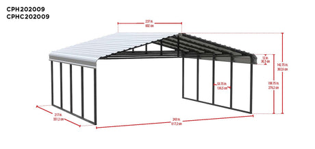 Arrow Carports Galvanized Steel Carport, Double Car Metal Carport Kit, 20' x 24' x 7', Charcoal Arrow