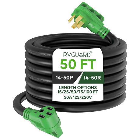 RVGUARD 50 Amp 50 Foot RV/EV Extension Cord, NEMA 14-50P/R Heavy Duty Extension Cord with LED Power Indicator and Cord Organizer, Green, ETL Listed RVGUARD