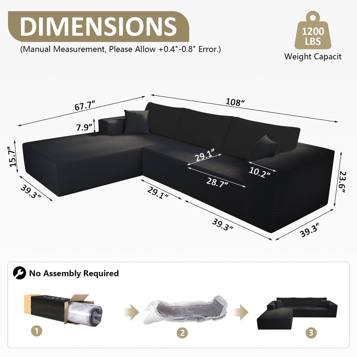 L-Shape Modular Sectional Sofa 108" — Cloud Couch Style 4-Seat Oversized Upholstered Sectional for Living Spaces No-Assembly WHGBJA