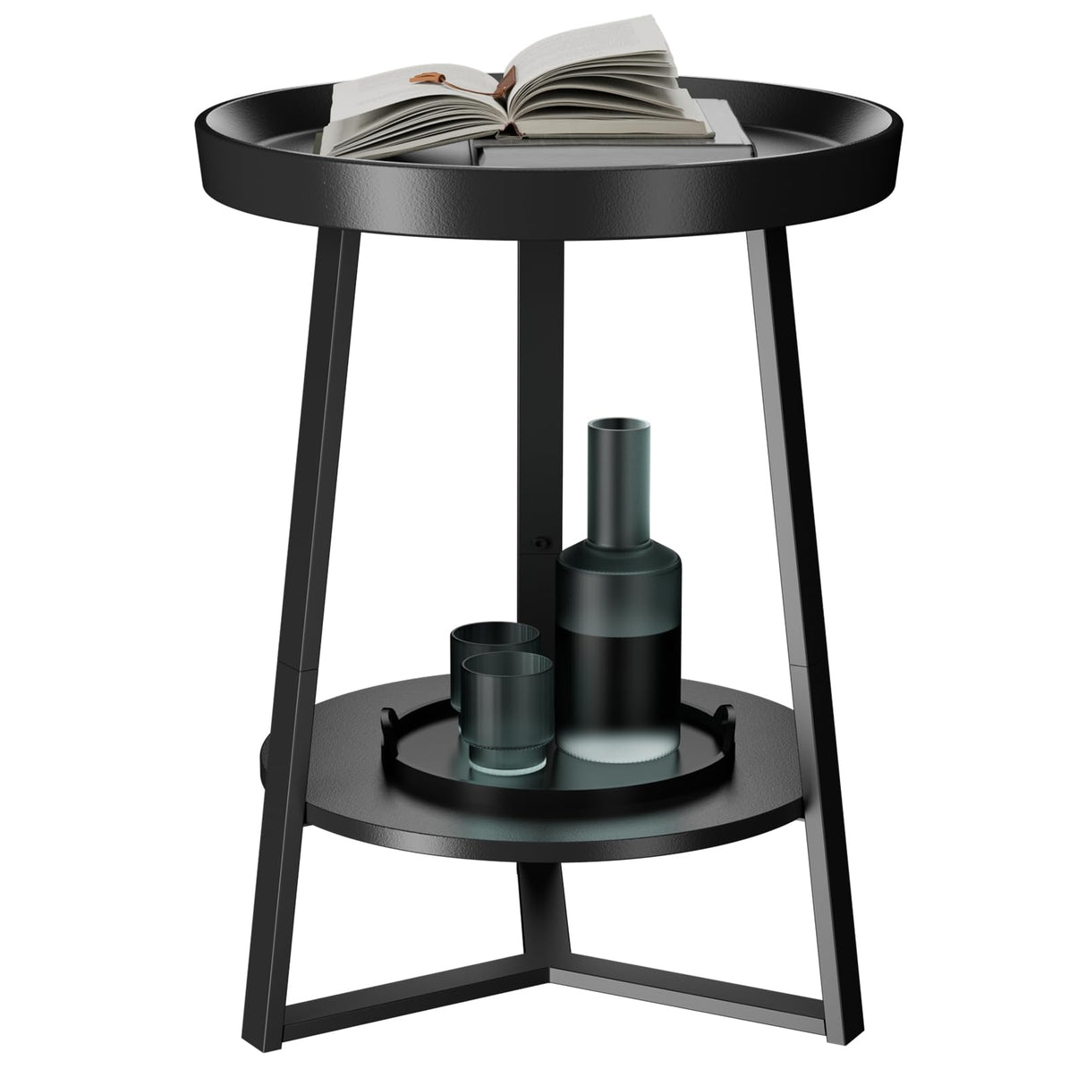 Gadroad Round End Table with Storage Shelf, 2 Tier Farmhouse Side Table Nightstand for Living Room, Bedroom, Wood Tabletop & Black Metal Frame, Black 15.7 * 15.7 * 23.6inches Gadroad