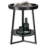 Gadroad Round End Table with Storage Shelf, 2 Tier Farmhouse Side Table Nightstand for Living Room, Bedroom, Wood Tabletop & Black Metal Frame, Black 15.7 * 15.7 * 23.6inches Gadroad