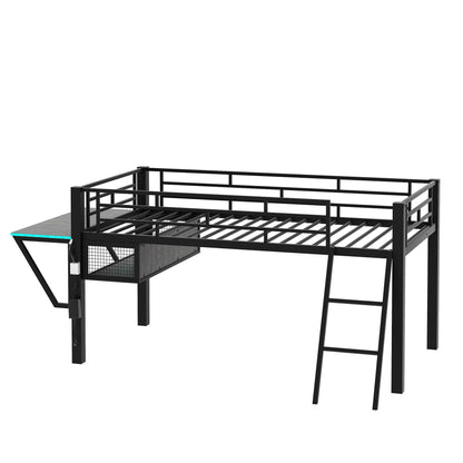 Linique Black Twin Size Gaming Loft Bed with Desk, LED Lights, and Staircase - WoodArtSupply