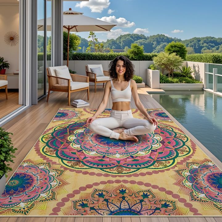 Arenarug Meditation Indoor Outdoor Rug 6x9 ft Mandala Pattern Rug Boho Style,Yoga Meditation Mat Picnic Rug for Patio Living Room Porch Garden Deck Backyard Easy to Clean Non Shedding Non-Slip Arenarug