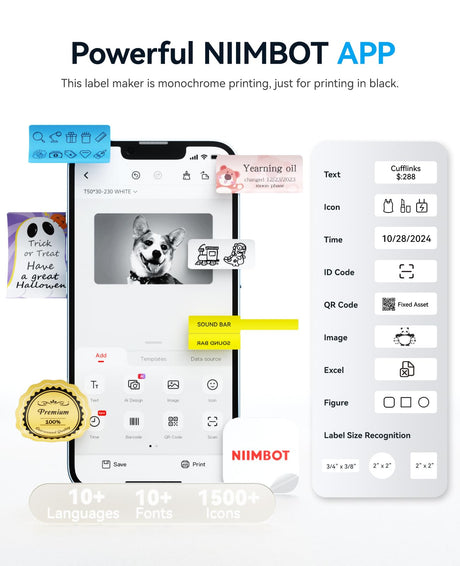 NIIMBOT B1 Label Maker Machine with Tape, Thermal Label Printer Easy to Use for Office Supplies, Home, Business, 2 Inch Label Maker with 2'' x1.18'' Labels-230pcs/Roll NIIMBOT