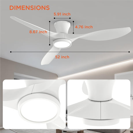 TALOYA 52 inch Ceiling Fans with Lights Remote Control, Modern Low Profile Ceiling Fan with Quiet Reversible DC Motor for Bedroom Living Room and Patio White TALOYA