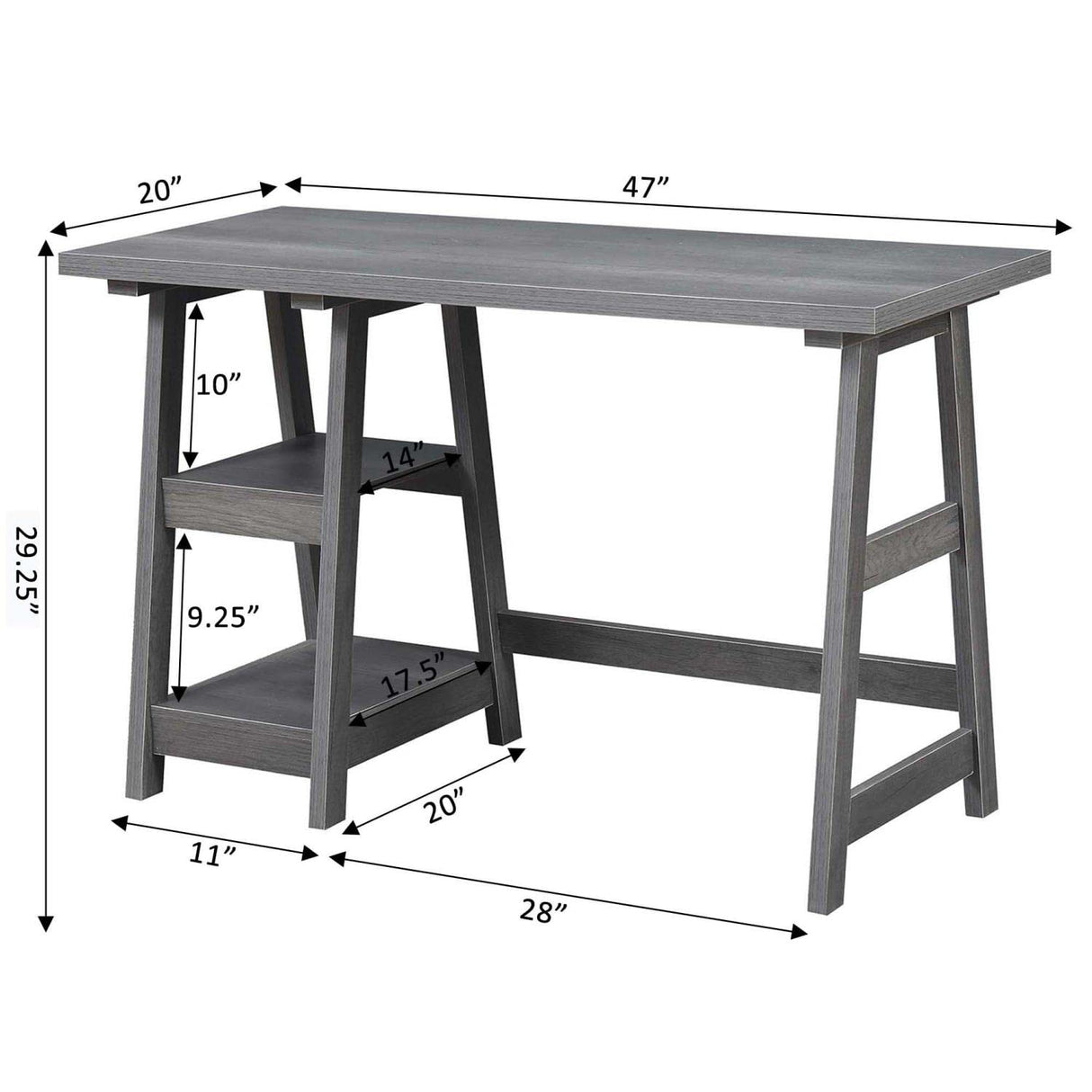 Convenience Concepts Designs2Go Trestle Desk with Shelves, 47", Charcoal Gray Convenience Concepts