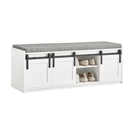 Haotian White Rustic Style Storage Bench with Sliding Barn Doors & Padded Seat Cushion, Hallway Bench, Shoe Cabinet, Window Shoe Bench, FSR133-W - WoodArtSupply