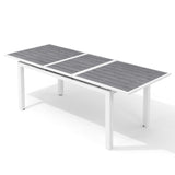 VredHom Outdoor Dining Table, 63"-83" Patio Extendable Dining Table with Grey Wooden-Like Top and White Aluminum Frame, Rectangular Table Outdoor Furniture VredHom