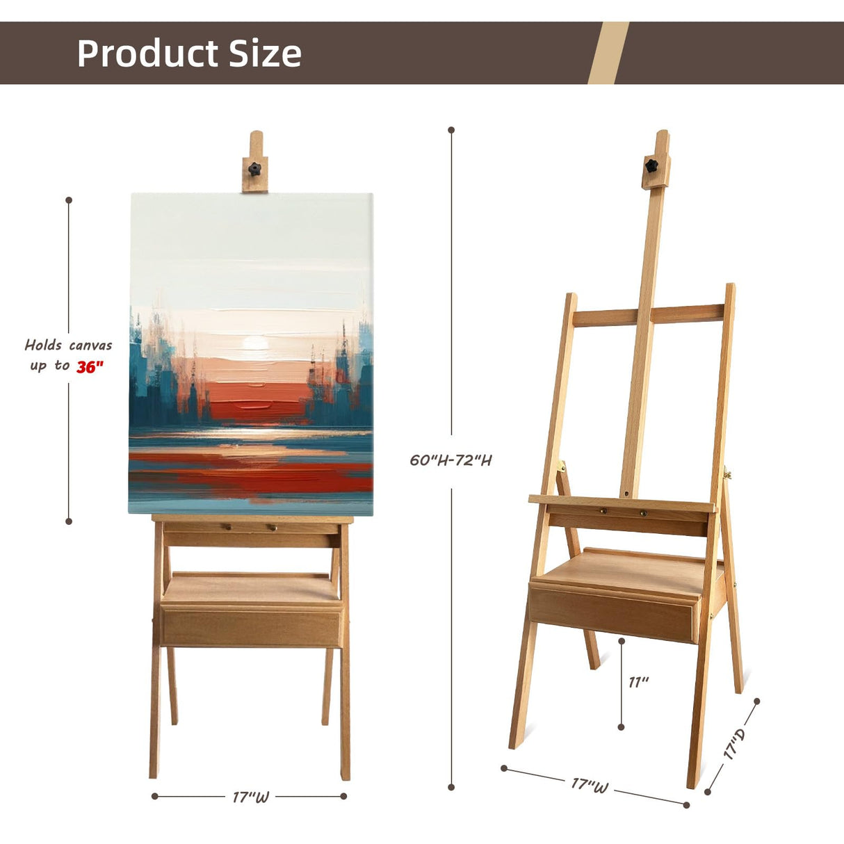 Stuelloaf Large Solid Beech Wood Painting Easel with Storage Drawer(60"~75" H), H-Frame Adjustable Wooden Easel Stand with Signature Box for Adults, Students,Sturdy Canvas Holder up to 36'' Stuelloaf