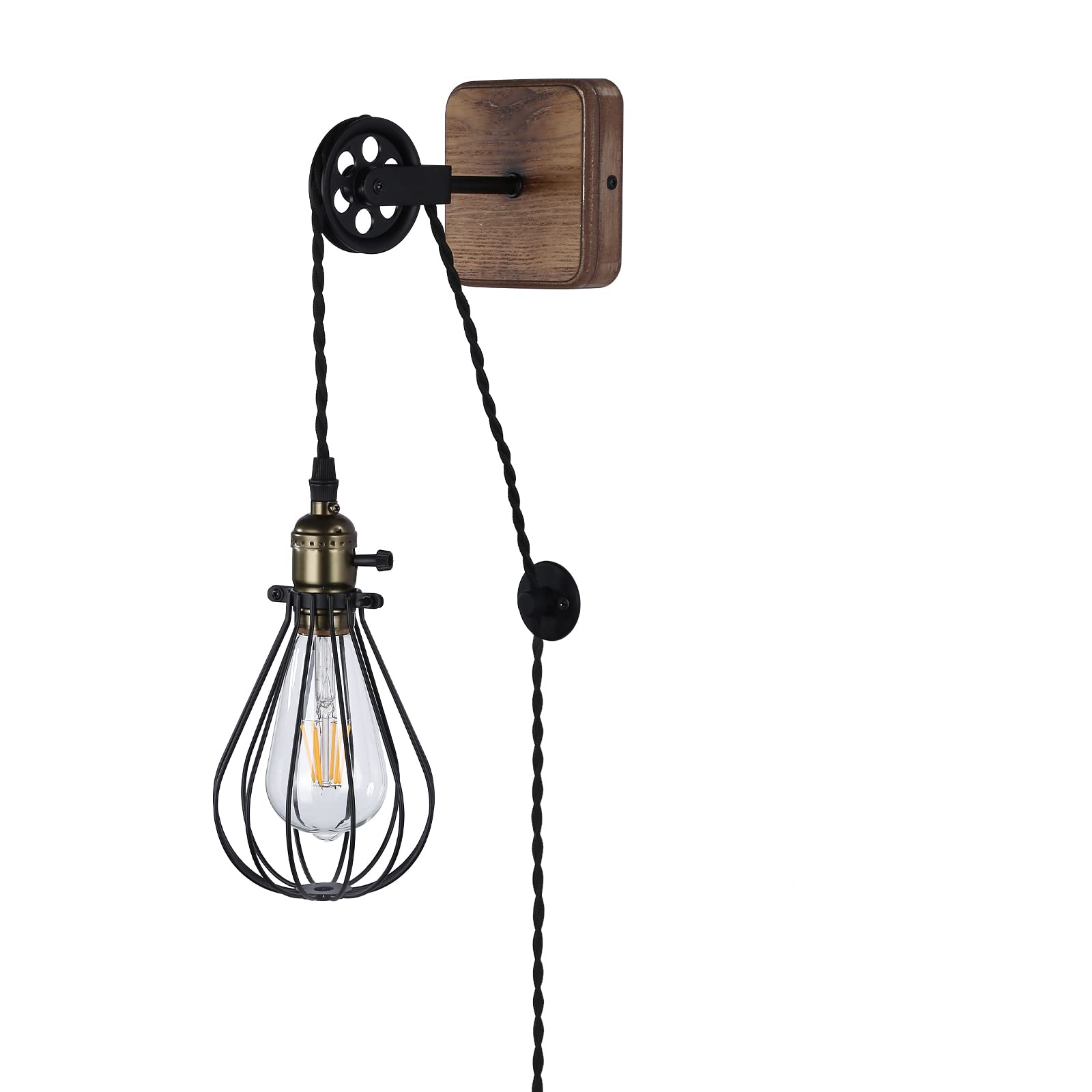 Industrial Farmhouse Plug in Wall Sconce with Wire Shade, Metal Wall Lamp Cage with Pulley Lift for Living Room Rustic Wood LED Wall Lamp with Switch Cord for Kids Bedroom, Reading Room(No E2 - WoodArtSupply