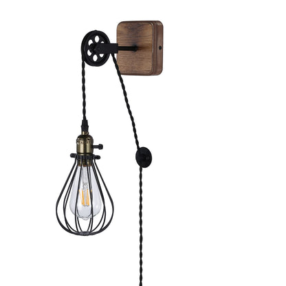 Industrial Farmhouse Plug in Wall Sconce with Wire Shade, Metal Wall Lamp Cage with Pulley Lift for Living Room Rustic Wood LED Wall Lamp with Switch Cord for Kids Bedroom, Reading Room(No E2 - WoodArtSupply