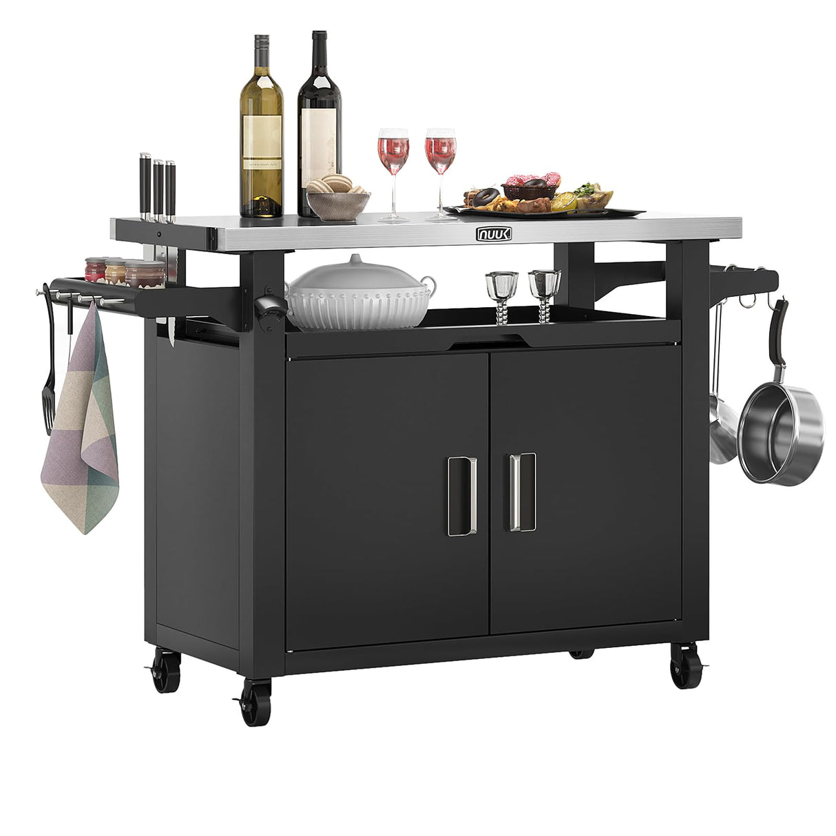 NUUK Outdoor Grill Cart with Storage Cabinet Metal Kitchen Island Prep Table with Movable Universal Wheels and Stainless Steel Top for Outside BBQ Backyard Include Hooks Spice Rack NUUK