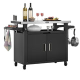 NUUK Outdoor Grill Cart with Storage Cabinet Metal Kitchen Island Prep Table with Movable Universal Wheels and Stainless Steel Top for Outside BBQ Backyard Include Hooks Spice Rack NUUK