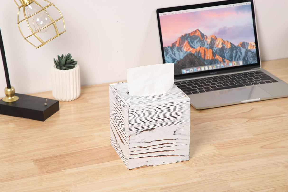 CATORY Tissue Box Cover, Wood Tissue Box Cover Square, Farmhouse Tissue Box Holder Covers Your Tissues, Decorative Tissue Cube Box Cover with Slide-Out Bottom (White) CATORY