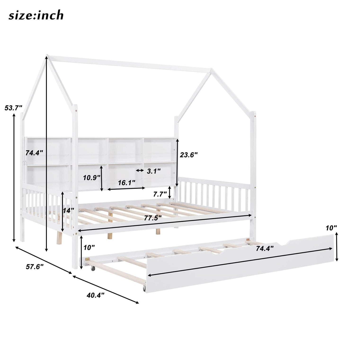 Merax White Full Size Wooden House Bed with Trundle & Shelf for Kids - WoodArtSupply