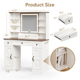 Farmhouse Makeup Vanity Desk with Mirror and Lights, Makeup Vanity with Open Shelves & Power Strip, 3 Lighting Modes Adjustable Brightness, Vanity Table Set with 3 Drawers & 2 Side Cabinet for Bedroom ivaniti