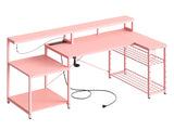 Bestier 71.5 inch Gaming Desk with Power Outlet, Large LED Computer Desk with Monitor Stand, L Shaped Desk with Storage Shelf, Cup Holder & Headset Hooks, Corner Gamer Desk for Bedroom Pink Bestier