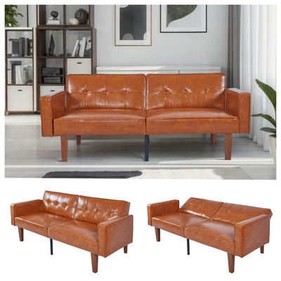 Trygoal Adjustable Backrest Convertable Sofa, Modern PU Leather 2-Seat Futon Sofa, Convertible Faux Leather Sleeper Couch with Armrests, Couch for Living Room Home Office Spaces, Brown