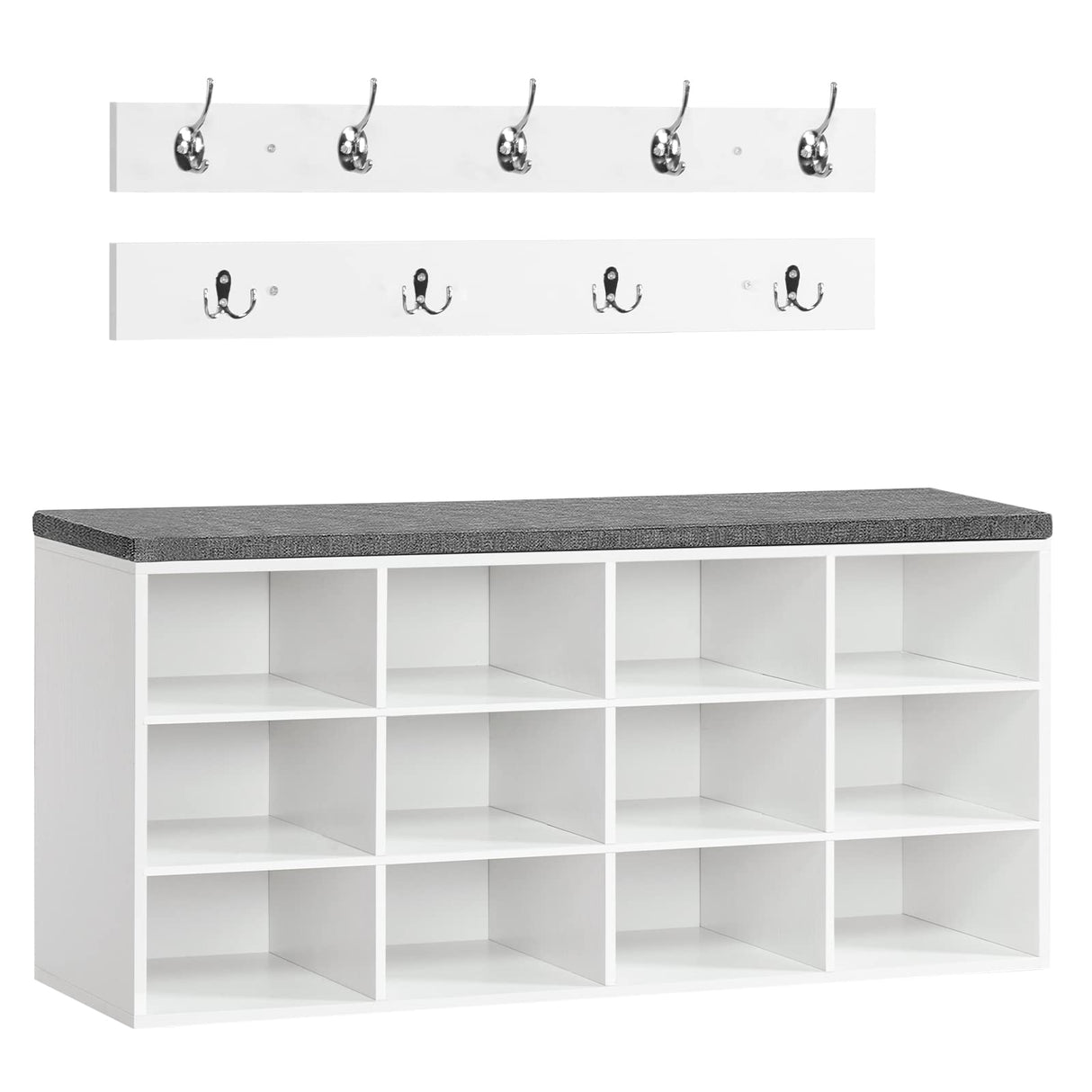 HOOBRO Shoe Storage Bench with Cushion, 39.4" L Entryway Bench with 12 Cubbies, Entryway Hall Tree with Storage, Shoe Cabinet with Coat Rack for Bedroom, Hallway, Holds up to 330 lb, White WT112HX01 HOOBRO