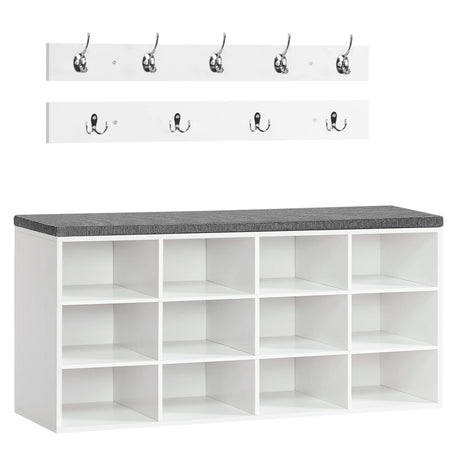 HOOBRO Shoe Storage Bench with Cushion, 39.4" L Entryway Bench with 12 Cubbies, Entryway Hall Tree with Storage, Shoe Cabinet with Coat Rack for Bedroom, Hallway, Holds up to 330 lb, White WT112HX01 HOOBRO