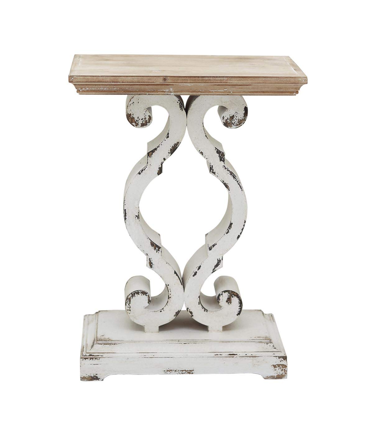 CreativeWise French Country Accent Rectangle Wood End Table, Farmhouse End Table Side Table Sofa Table Nightstand with Natural Wood Top and Distressed White Carved Base, 19.75 x 11.75 x 27.5 Inches
