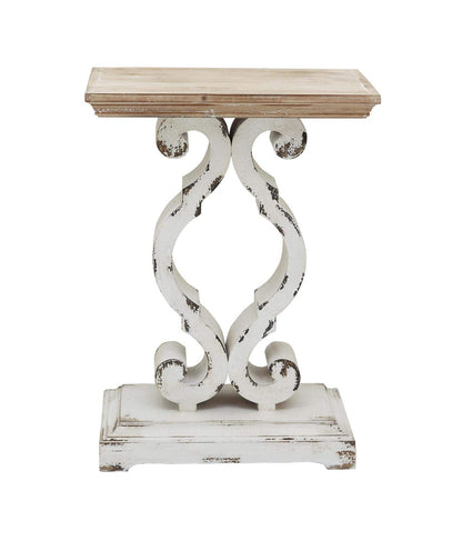 CreativeWise French Country Accent Rectangle Wood End Table, Farmhouse End Table Side Table Sofa Table Nightstand with Natural Wood Top and Distressed White Carved Base, 19.75 x 11.75 x 27.5 Inches