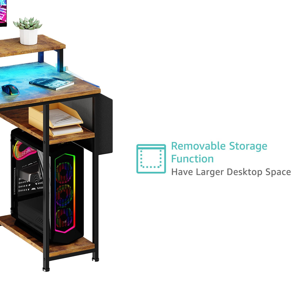 Lufeiya Computer Desk with Fabric File Drawers Cabinet, 55 Inch Home Office Desk with Shelves Monitor Stand, Study Writing Gaming Desks with Led Lights and Power Outlets for Bedroom, Rustic Brown Lufeiya