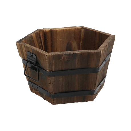 MY MIRONEY Wooden Barrel Planter Vintage Style Wood Bucket Rustic Garden Flower Plant Pots Container with Metal Handles, Hexagonal, 8.27" x 4.72" MY MIRONEY