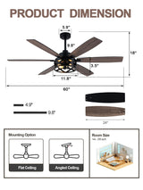 Curve Curio 60 Inch Farmhouse Ceiling Fan with Light and Remote Black Rustic Ceiling Fan Quiet and Reversible DC Motor Caged Chandelier Fan for Living Room Bedroom Curve Curio