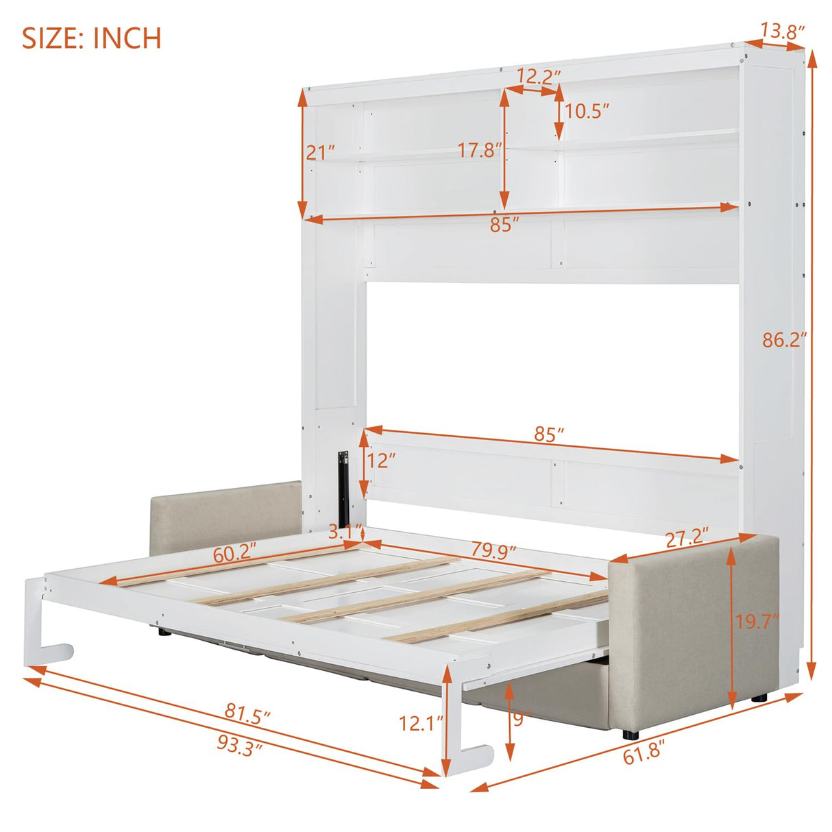 Linique Queen Size Murphy Bed with Sofa and Top Shelf, Horizontal Wall Bed, Versatile Convertible Wooden Bed Frame White, 93.3"x86.2" Linique