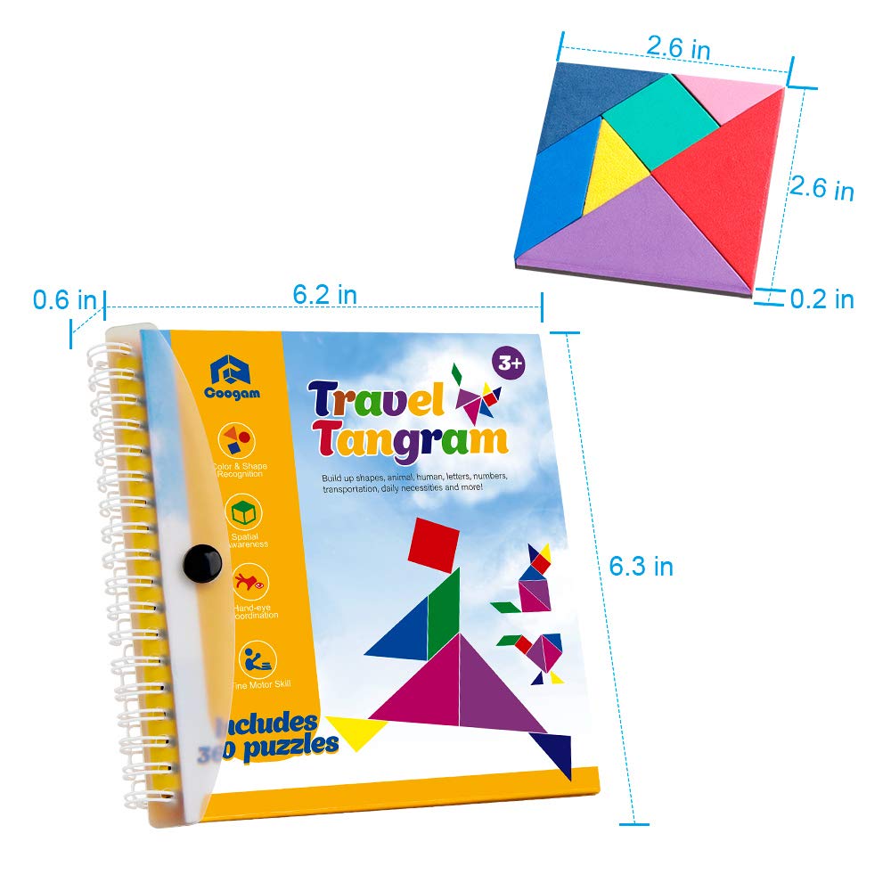 Coogam Travel Tangram Puzzle - Magnetic Pattern Block Book Road Trip Game Jigsaw Shapes Dissection STEM Games with Solution for Kid Adult Challenge - IQ Educational Toy Gift Brain Teasers 360 Patterns Coogam