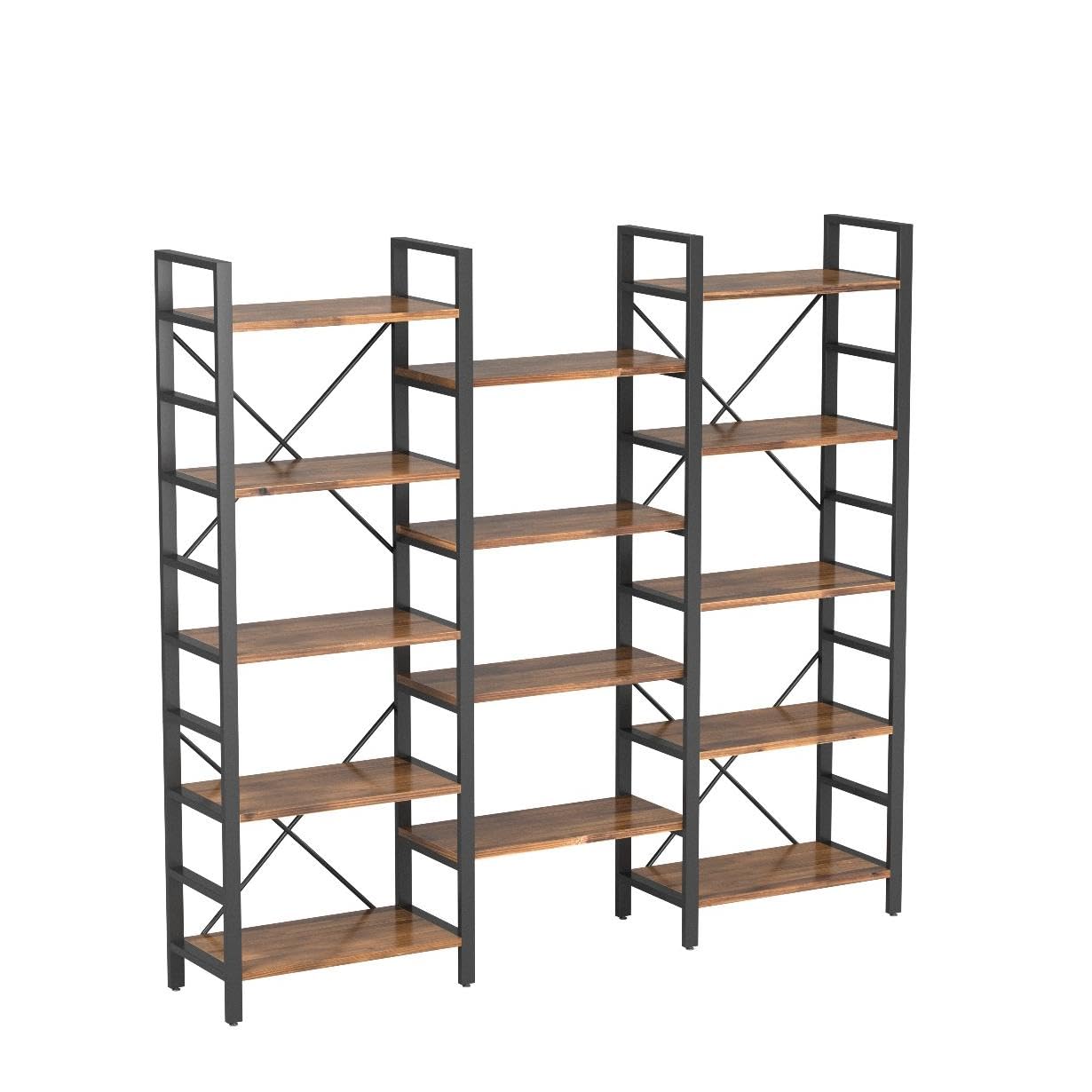 Tribesigns Vintage Brown Triple Wide 5-Shelf Etagere Bookcase - Industrial Style Wood and Metal Bookshelf for Home & Office - WoodArtSupply