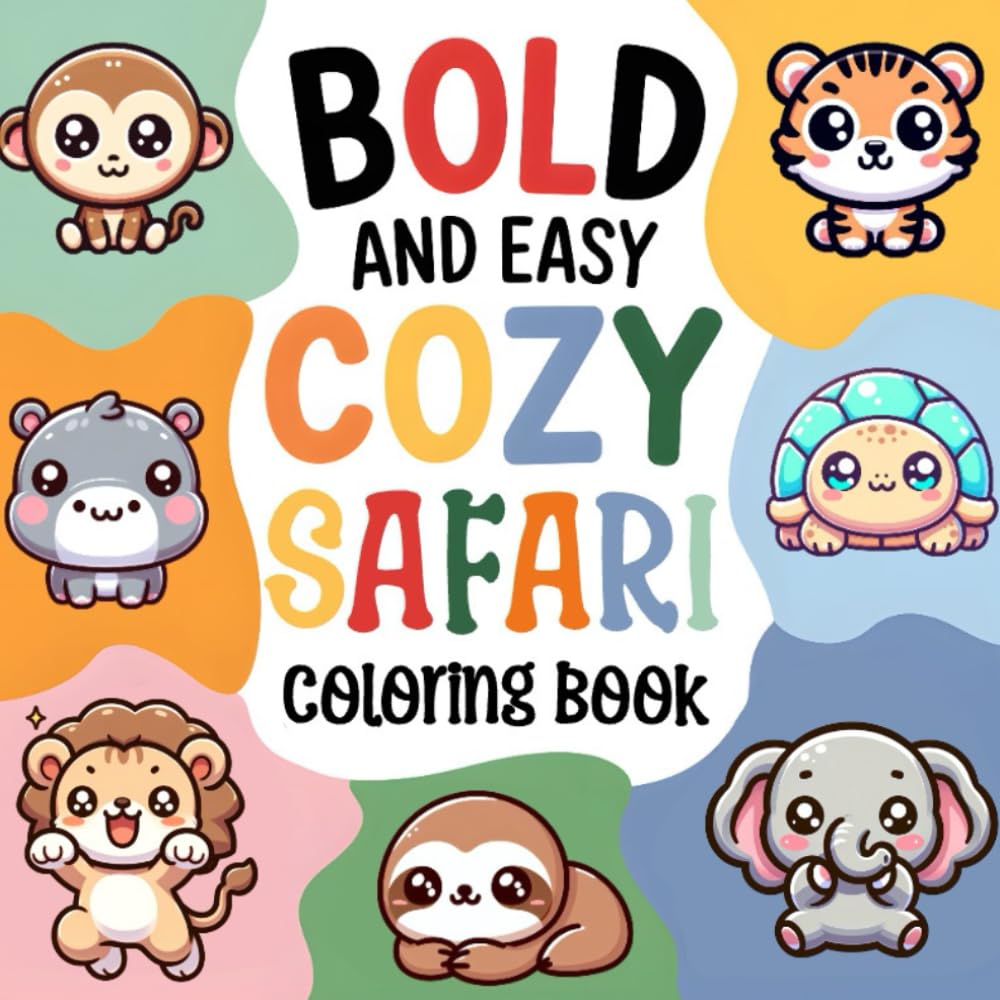 Safari Animals Coloring Book: Bold and easy, cozy coloring book for kids, children and adults. 60 Large print coloring pages with cute kawaii safari jungle animals WoodArtSupply