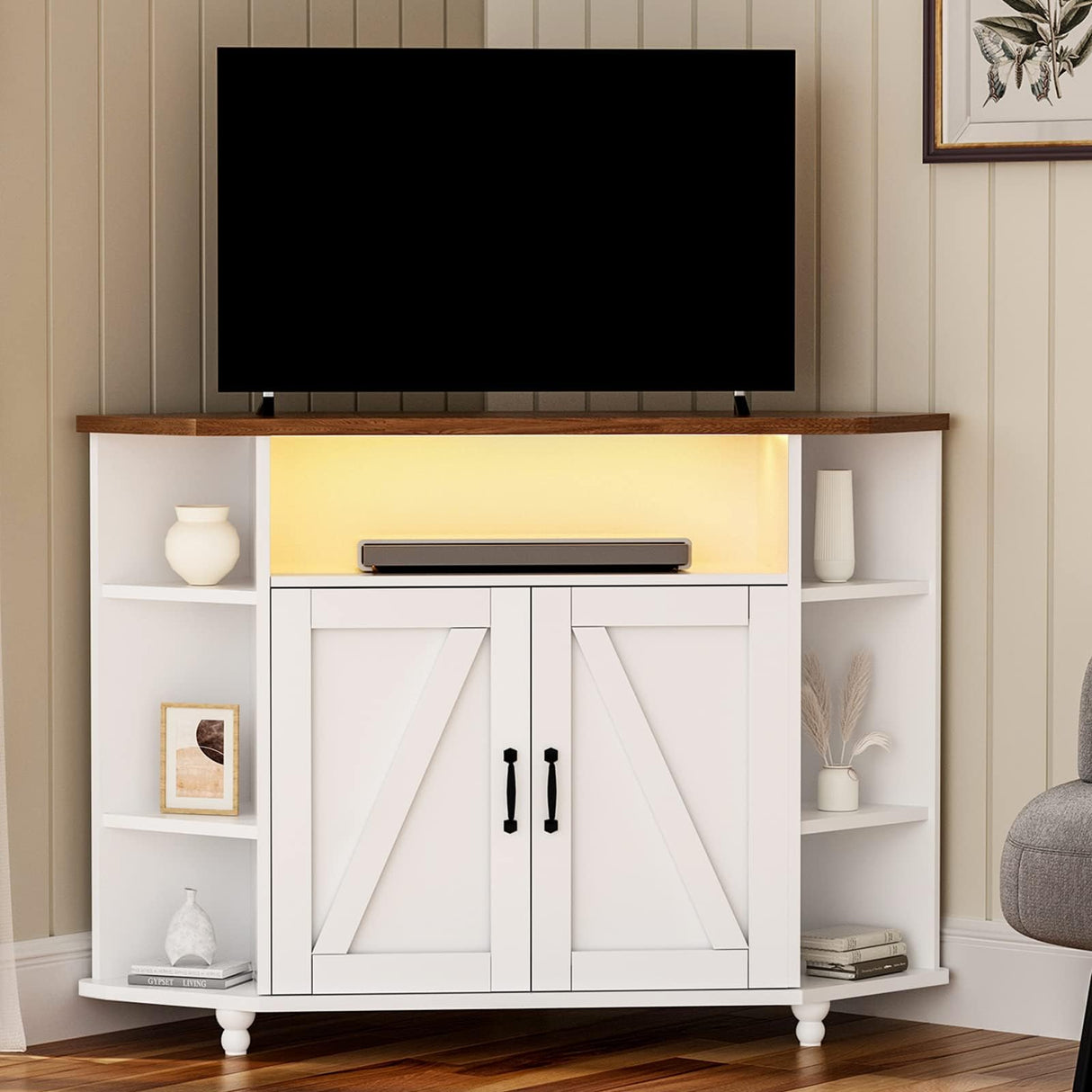 4 EVER WINNER Corner TV Stand for 55 Inch with LED Lights, Farmhouse Corner TV Cabinet with Adjustable Shelves, Corner Entertainment Center with Barn Doors for Living Room, White 4 EVER WINNER