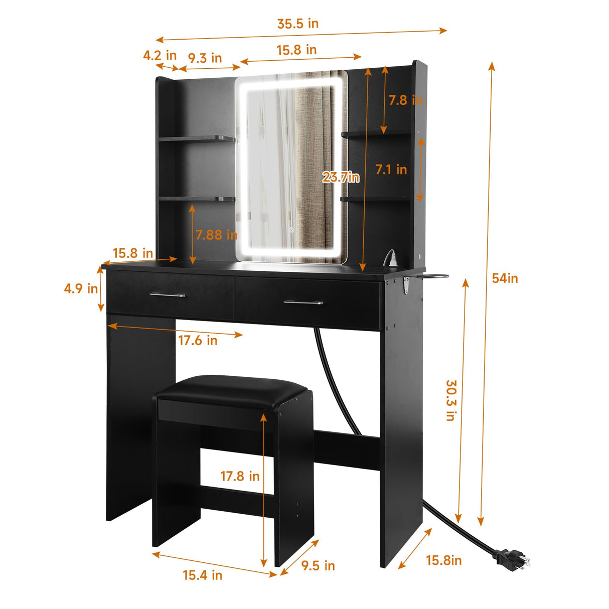 QUALIKRAFT Vanity Set with Mirror and Stool and Lights, Vanity Desk with Mirror & Power Outlet, Vanity Desk with Drawers, Black Vanity with Lighted Mirror, Dressing Table Set with 2 Large Drawers QUALIKRAFT