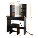 QUALIKRAFT Vanity Set with Mirror and Stool and Lights, Vanity Desk with Mirror & Power Outlet, Vanity Desk with Drawers, Black Vanity with Lighted Mirror, Dressing Table Set with 2 Large Drawers QUALIKRAFT