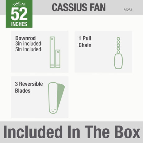 Hunter Fan Company 59263 Cassius 52 Inch 3 Blade 3 Speed Wooden Indoor/Outdoor Ceiling Fan with Pull Chain Control, Light Stripe, 52", Fresh White Finish Hunter Fan Company