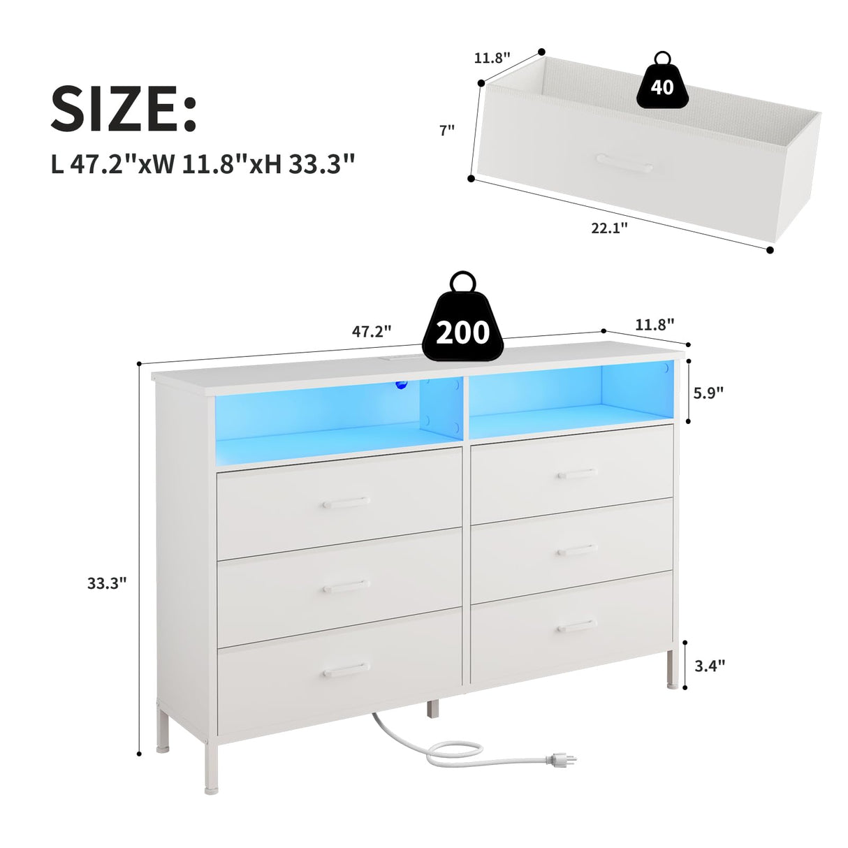 Dresser for bedroom, Fabric White Bedroom Dresser with LED Lights and Charging Station, 6 Long Drawers Dresser, Tall Wide Chest of Drawers Storage Organizer TV Stand for up to 60" TV for Living Room SOOWERY
